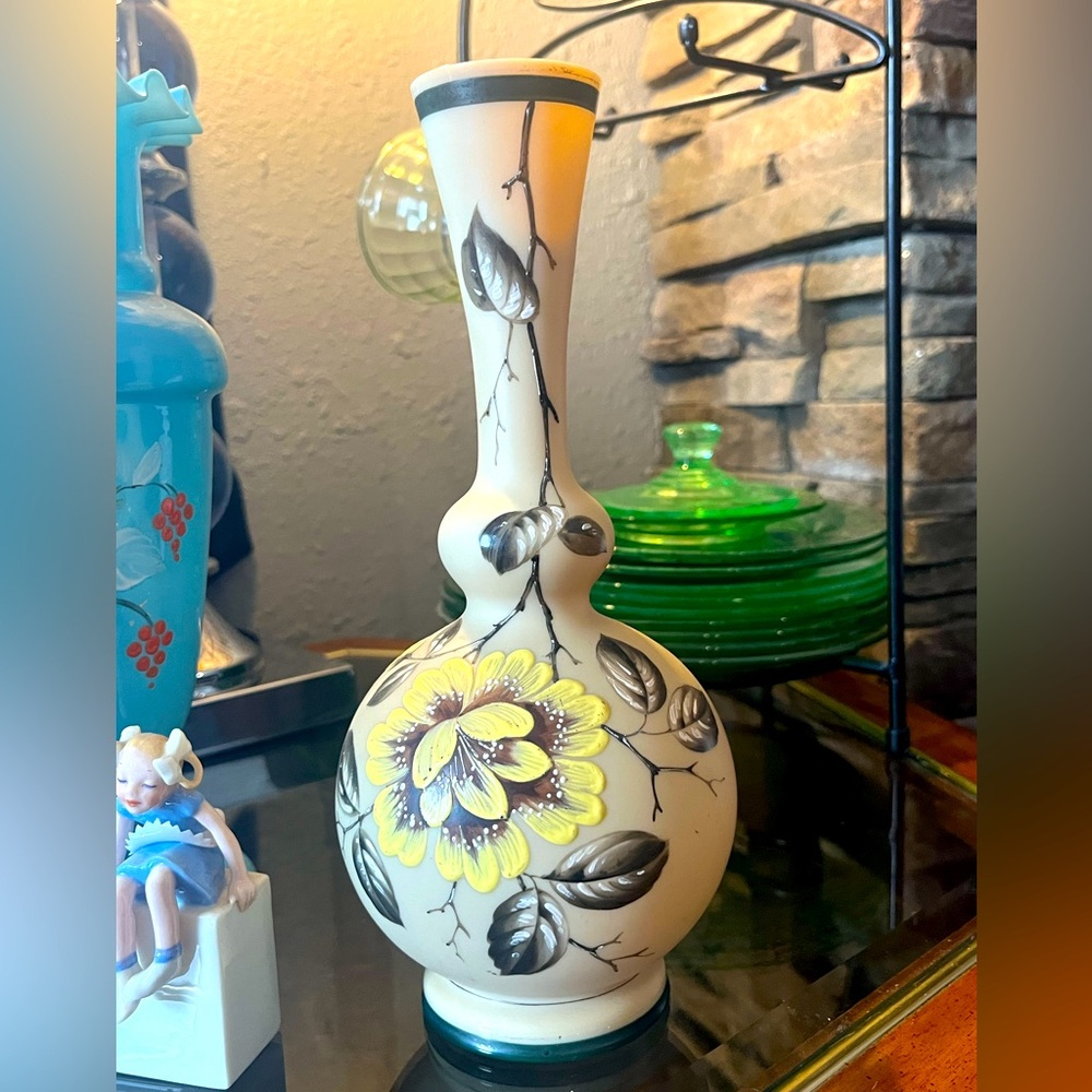 Vintage 1930’s tan floral hand painted hand blown 10” flower bulb vase rare NICE